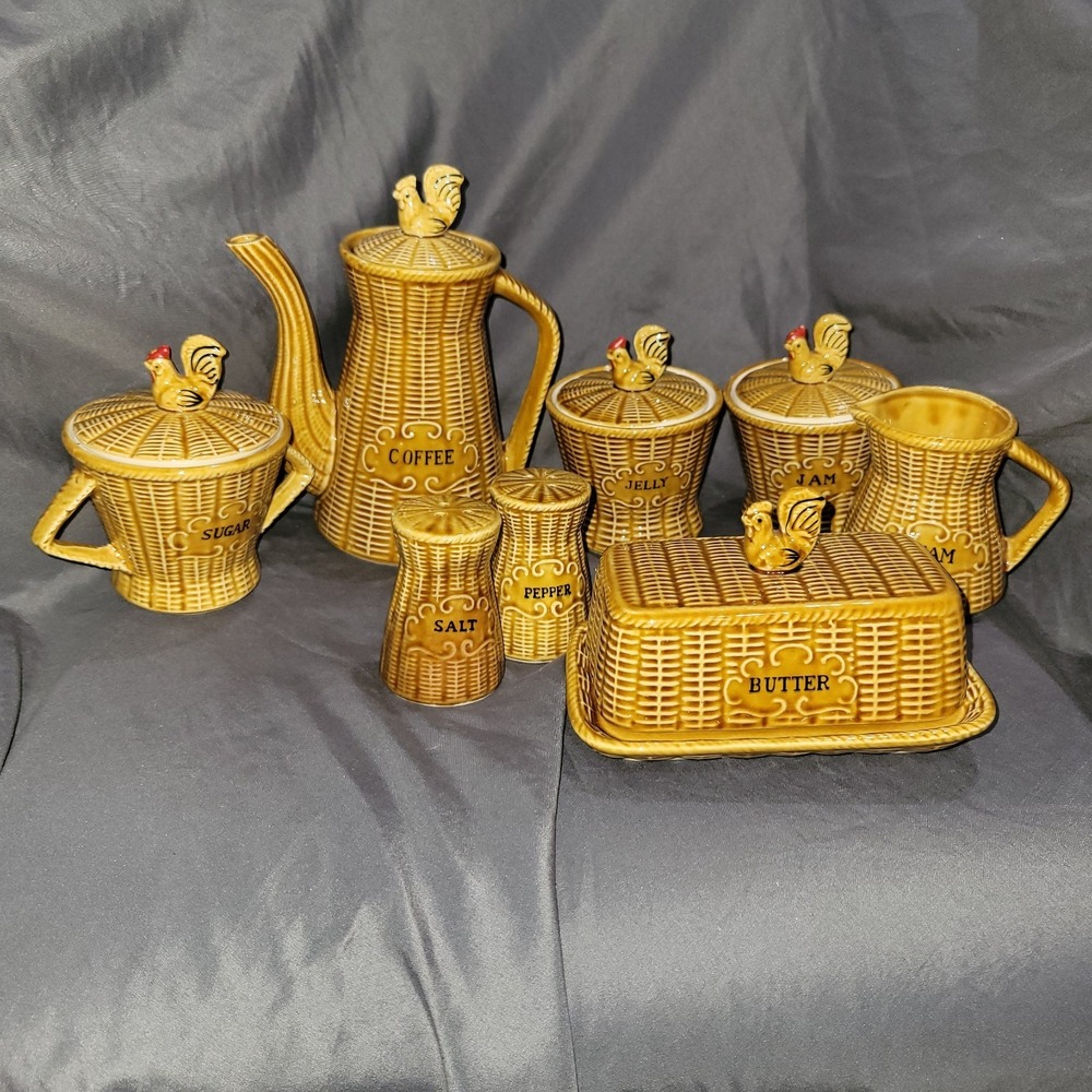 13-Piece Vintage Basketweave Rooster Breakfast Set Japan MCM Ceramic